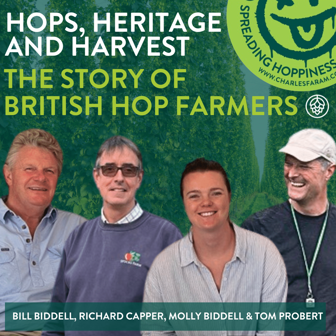 This image shows 4 farmers, in the following order Bill Bidell, Richard Capper, Molly Bidell and Tom Probert. Each farmer is shown on a background of hops, the Spreading Hoppiness logo is located in the top right hand corner. At the top of the image is written the words 'Hops, Heritage and Harvest - The Story of British Hop Farmers'